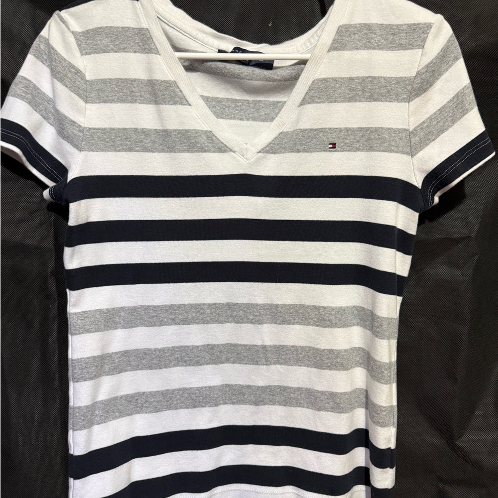Tommy Hilfiger White and Black Striped V-Neck Tee